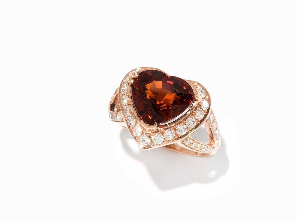 heart-cut spessartite and diamond ring