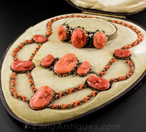 Parure of Coral Cameos - Romantic Period jewelry