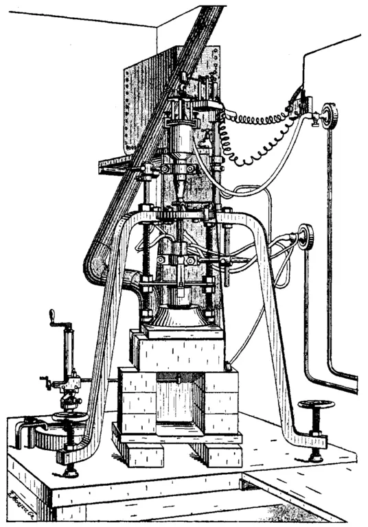 August Verneuil used a device like the one depicted here to synthesize rubies in the late 19th century. The principles behind the Verneuil technique are still used in modern crystal growth technology. 