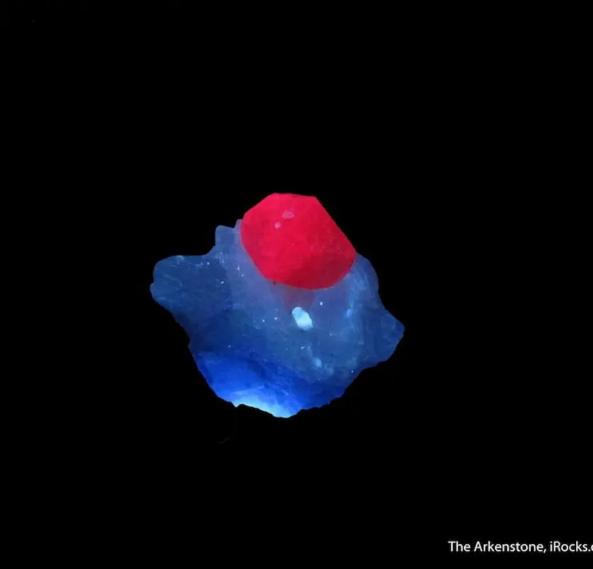 ruby crystal on white marble matrix, fluorescence - Pakistan