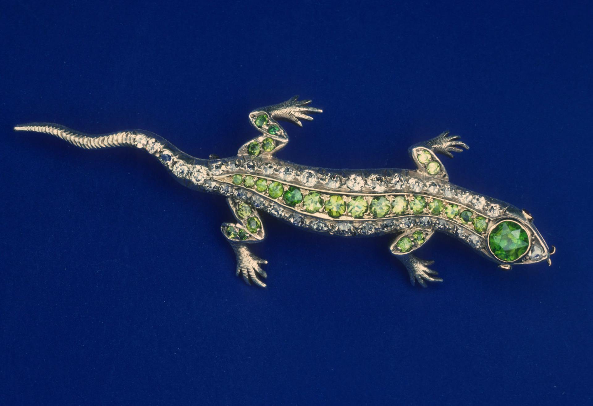 salamander pin with diamonds and demantoids