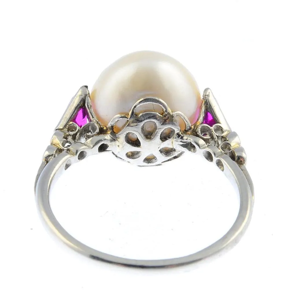 saltwater pearl, ruby, and diamond ring