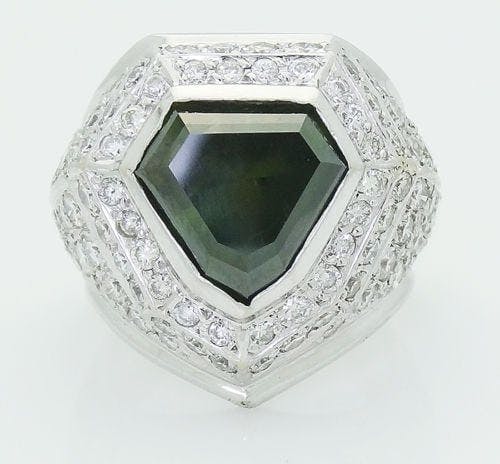 artificially irradiated green-gray diamond, platinum ring