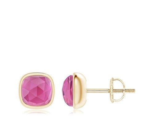 Bezel Set Cushion Pink Tourmaline Solitaire Stud Earrings Angara