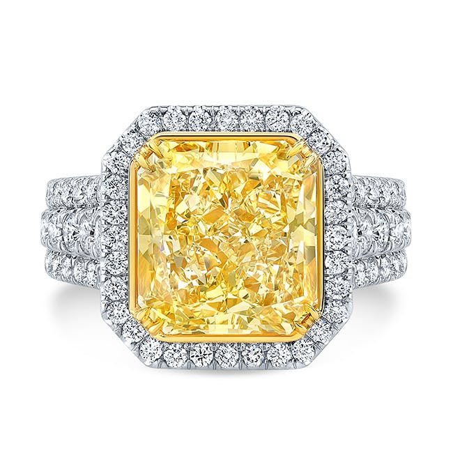 fancy-colored yellow diamond buying - radiant cut fancy yellow halo ring