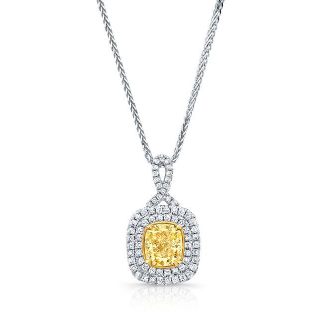 fancy-colored yellow diamond buying - cushion cut fancy yellow pendant