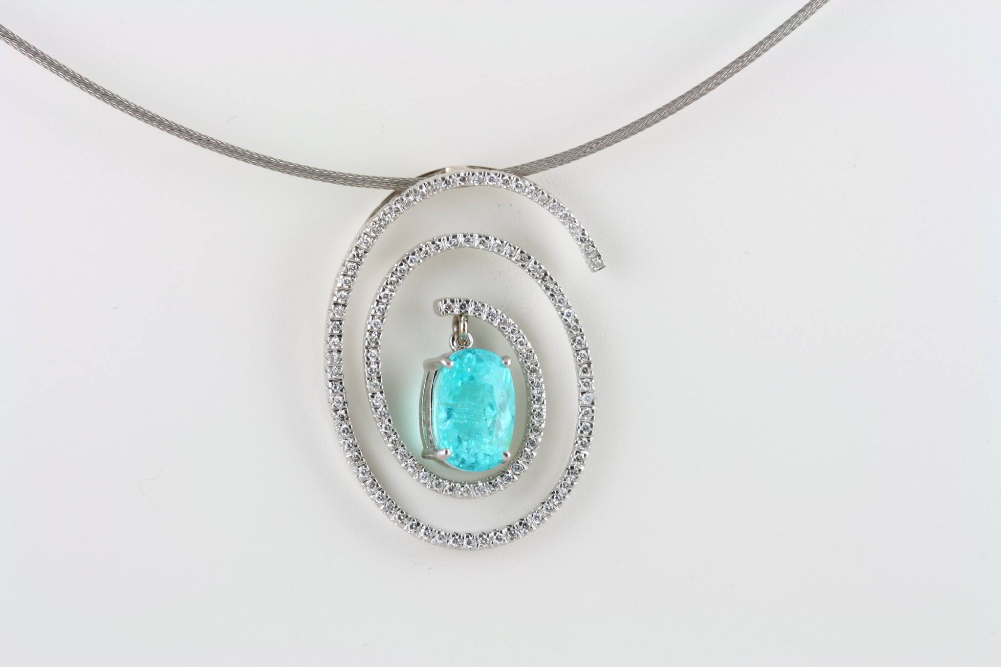 paraiba tourmaline buying guide - 5.25ct paraiba in spiral pendant