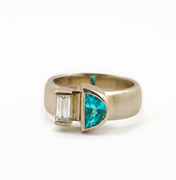paraiba tourmaline buying guide - half moon paraiba and diamond ring