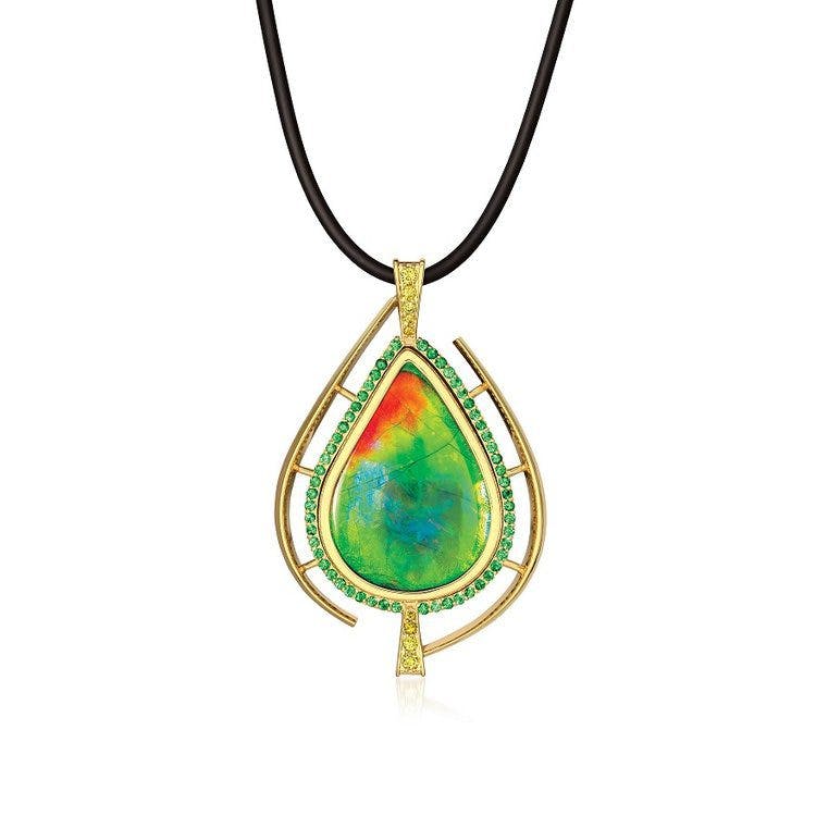 unique gem materials for jewelry design - ammolite aurora pendant