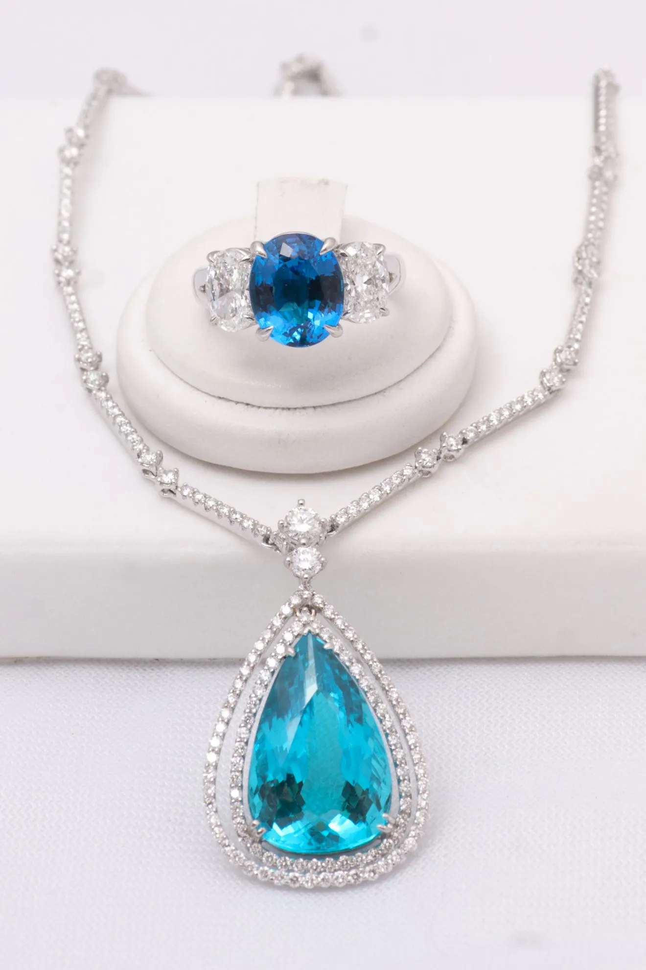 blue gemstones - paraiba ring and necklace