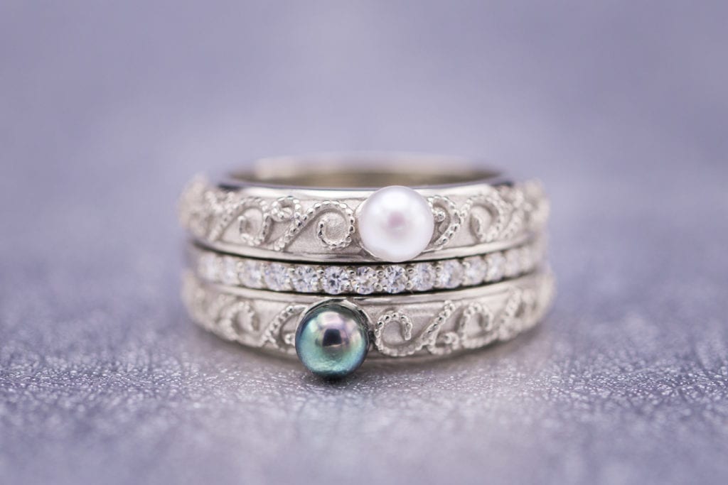 Milgrain ring with Akoya pearls - pearl engagement ring stones