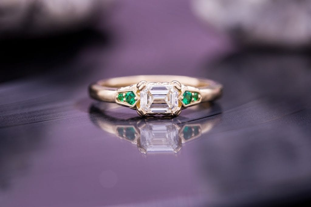 emerald & asscher cut diamonds - east-west set emerald-cut diamond engagement ring