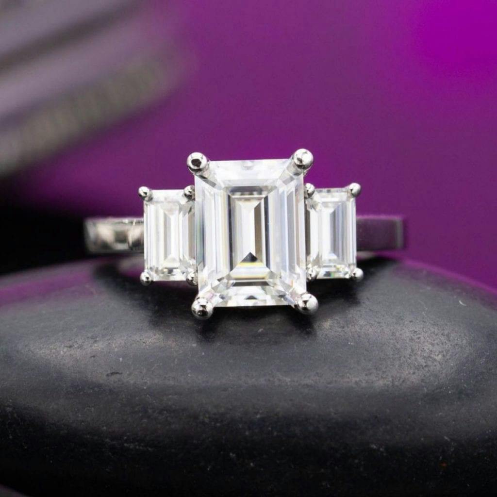 moissanite vs diamond - emerald-cut moissanite engagement ring