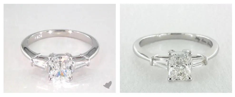 1ct cushion vs radiant three-stone engagement ring - radiant-cut diamonds