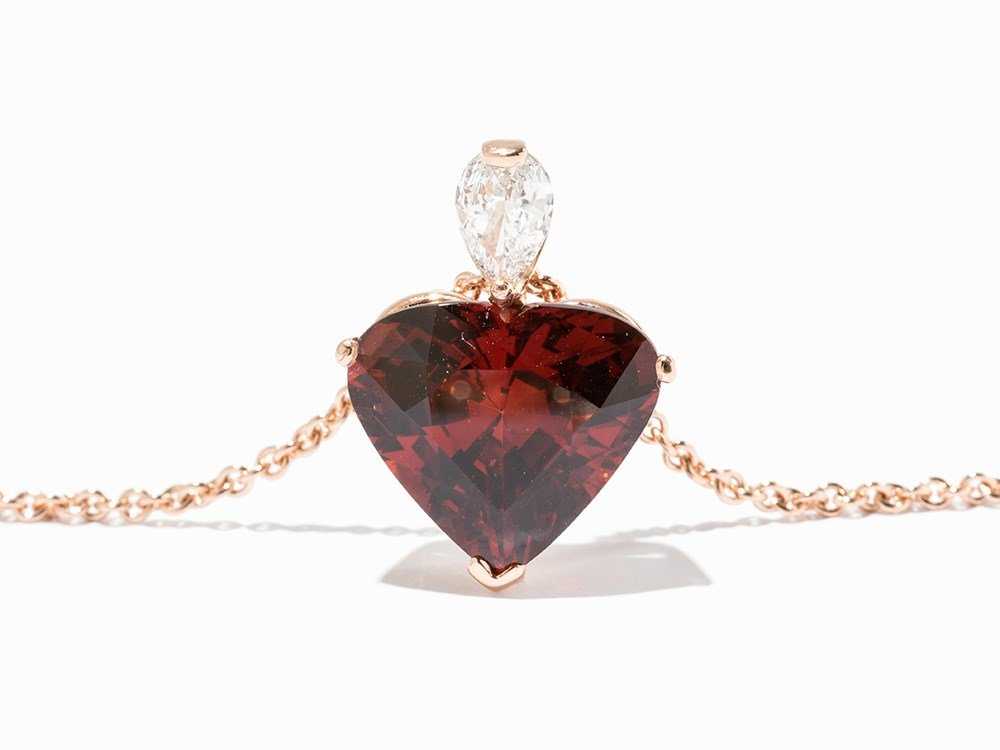 heart-cut spessartine and diamond pendant