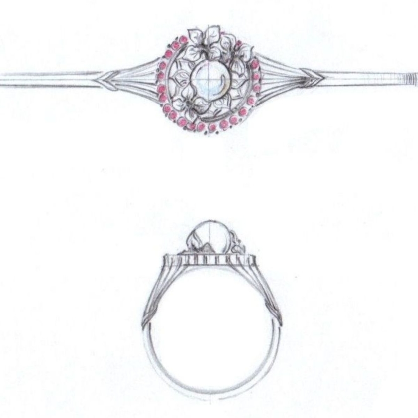 floral halo pearl ring sketch - vintage engagement rings