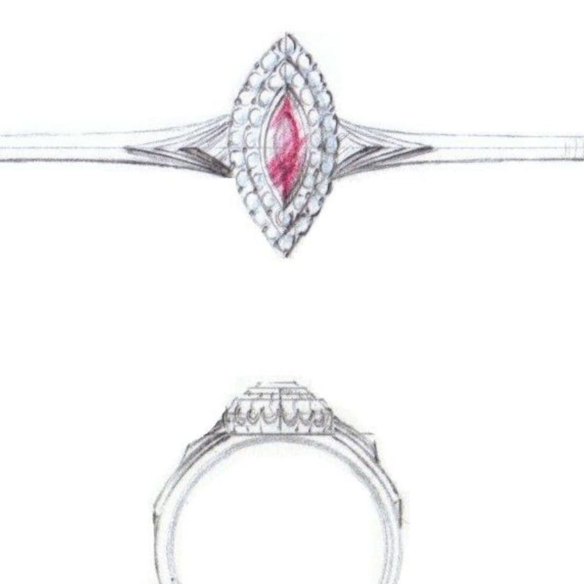 ruby double halo with chevrons - vintage engagement rings