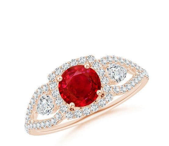 Aeon Vintage Inspired Three Stone Ruby and Diamond Halo Engagement Ring Angara