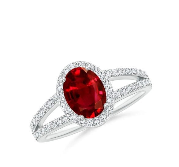 GIA Certified Oval Ruby Split Shank Halo Ring Angara