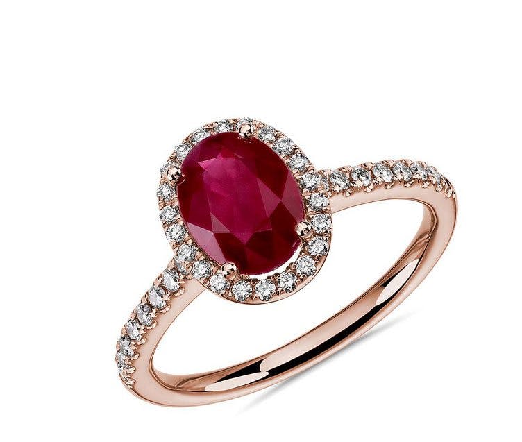 Oval Ruby and Round Diamond Halo Ring in 14k Rose Gold Blue NIle