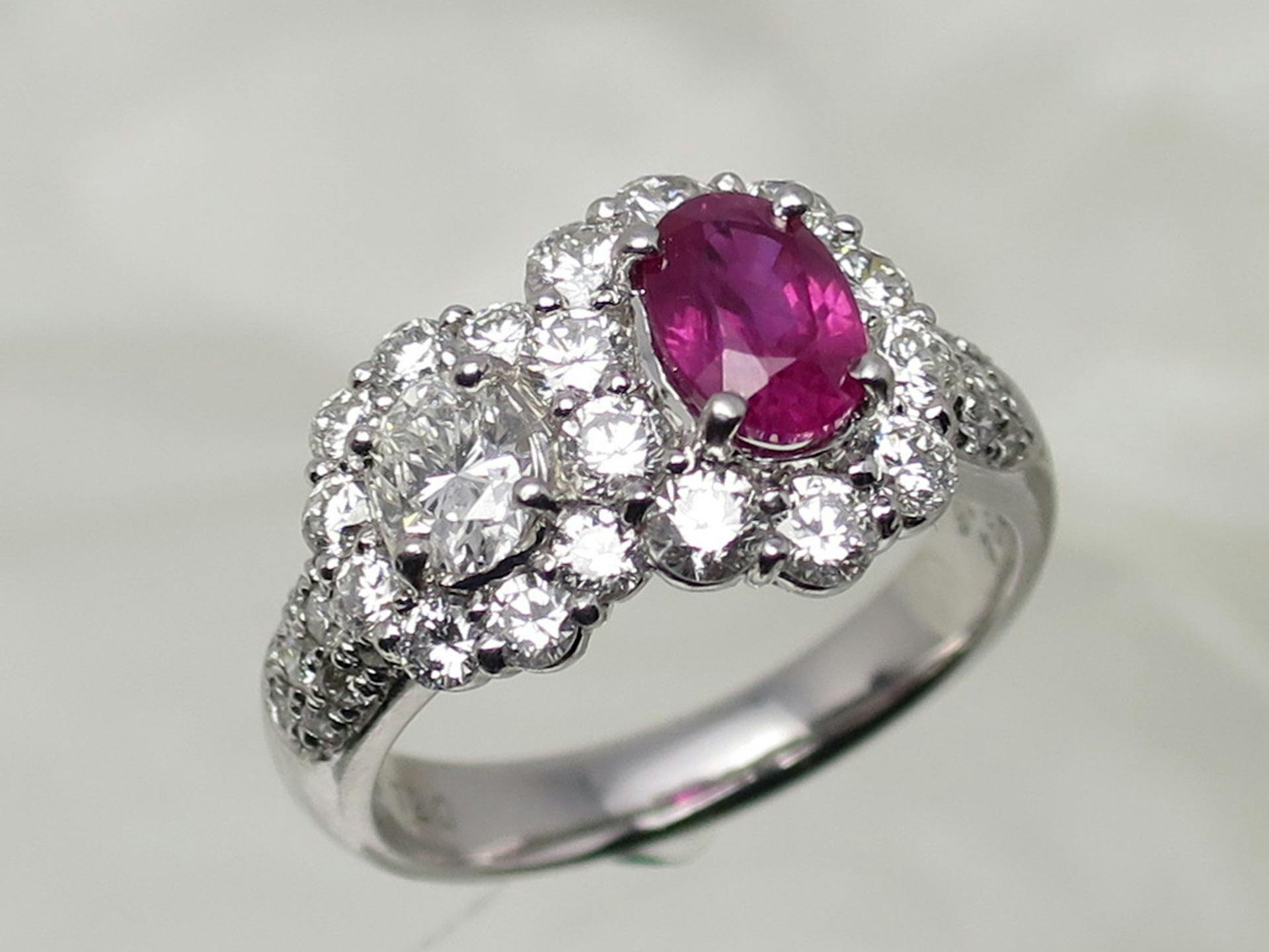 three stone halo ruby engagement ring