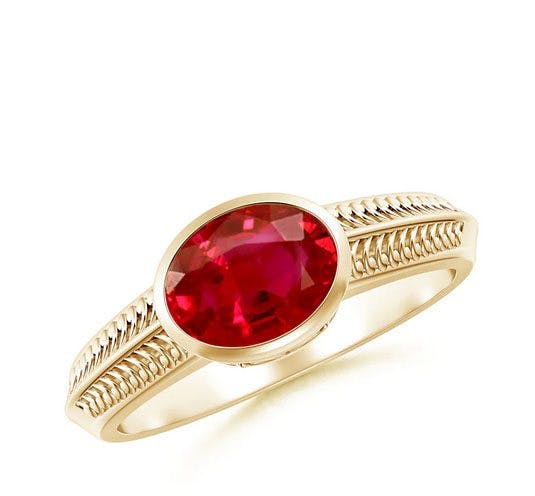 Vintage Inspired Bezel-Set Oval Ruby Ring with Grooves Angara