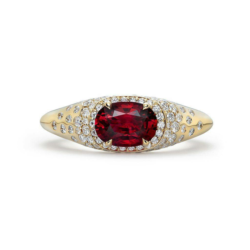 east-west style ruby engagement ring