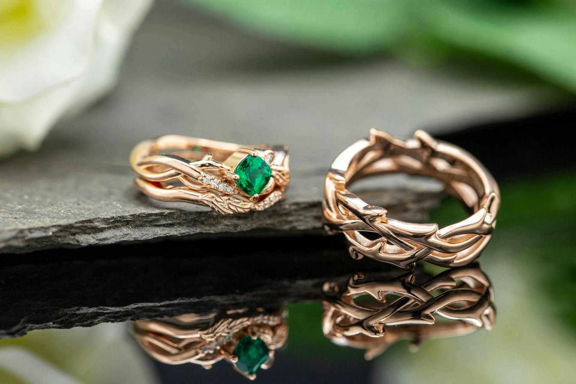 full set of nature-inspired emerald rings