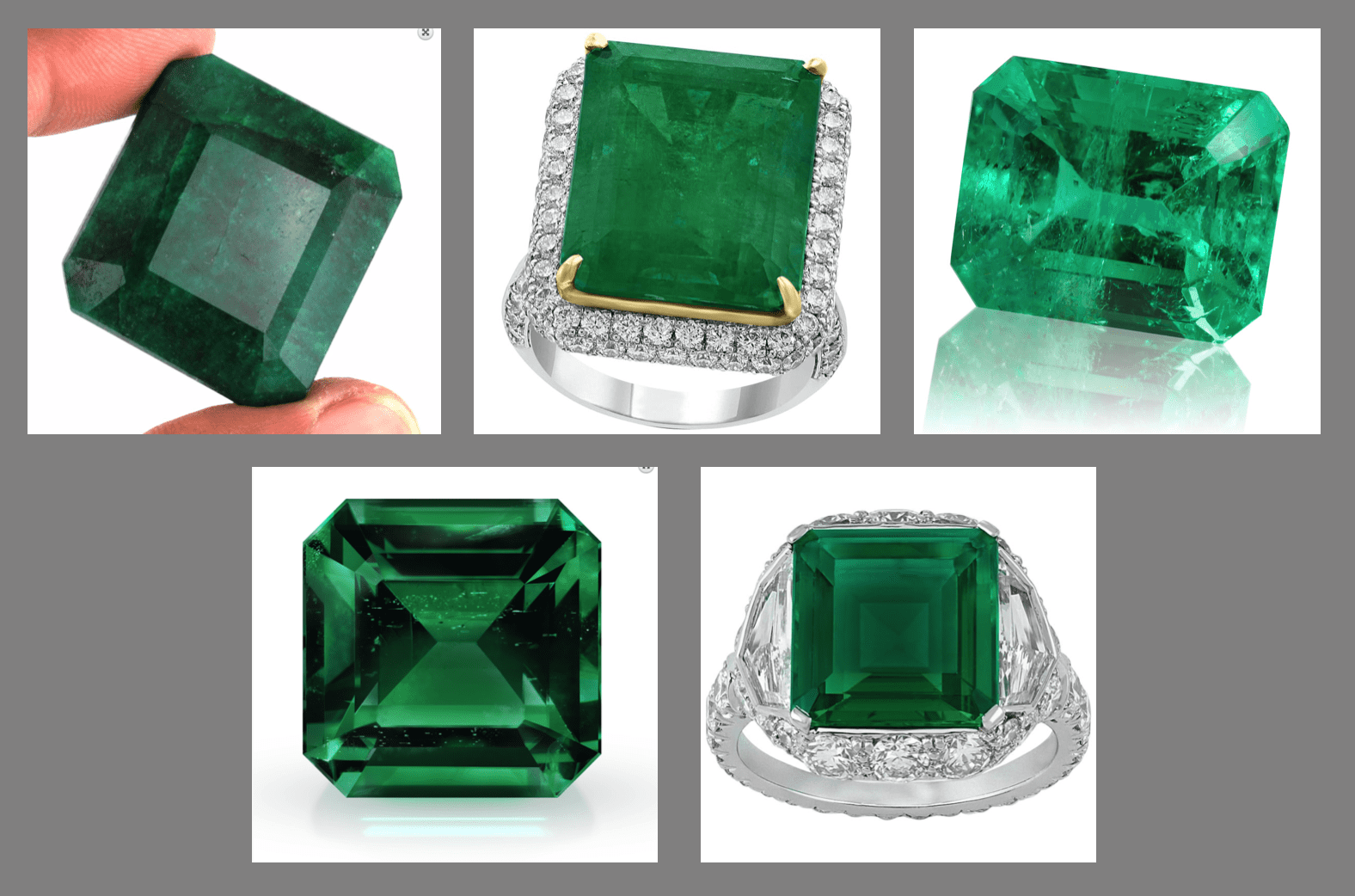 various emeralds, with and without enhancements