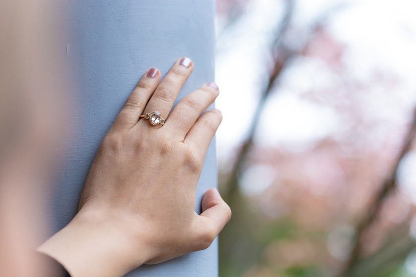 Oval-cut white sapphires in a three-stone halo setting 2