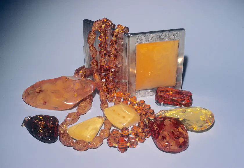 amber rough, gems, and jewelry