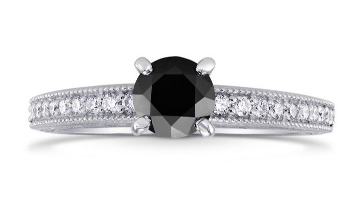 Black Diamond Solitaire Milgrain Side Stone Ring