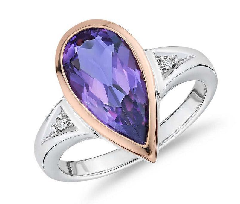 Two-Tone Pear-Shaped Amethyst and Diamond Fashion Ring