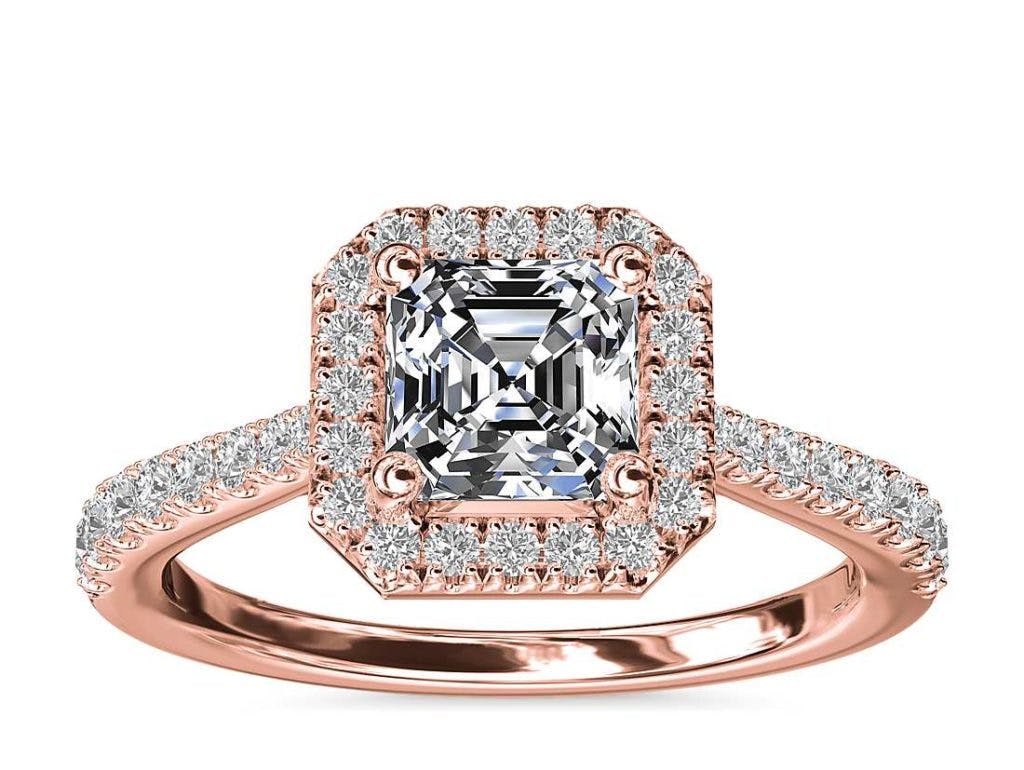 Asscher Diamond Bridge Halo Diamond Engagement Ring in 14k Rose Gold Blue Nile