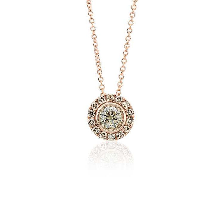 Champagne Diamond Halo Pendant in 14k Rose Gold (1/2 ct. tw.) Blue NIle