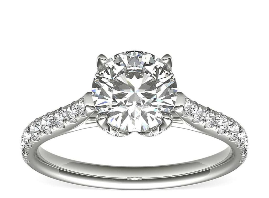 Monique Lhuillier Petal Pavé Diamond Cathedral Engagement Ring in Platinum Blue Nile