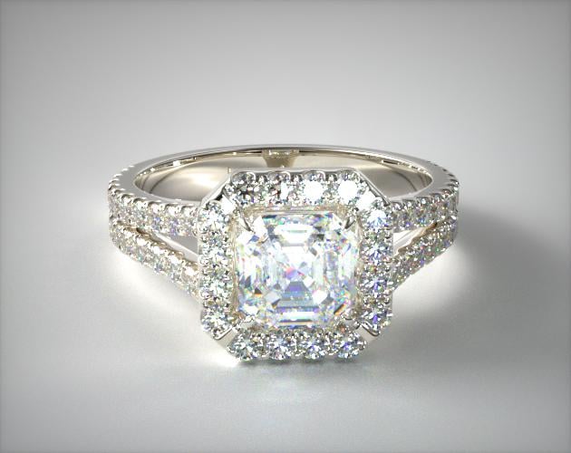 1.980 Carat I-VVS2 Asscher Cut Diamond Round Split Band Diamond Halo Engagement Ring James Allen