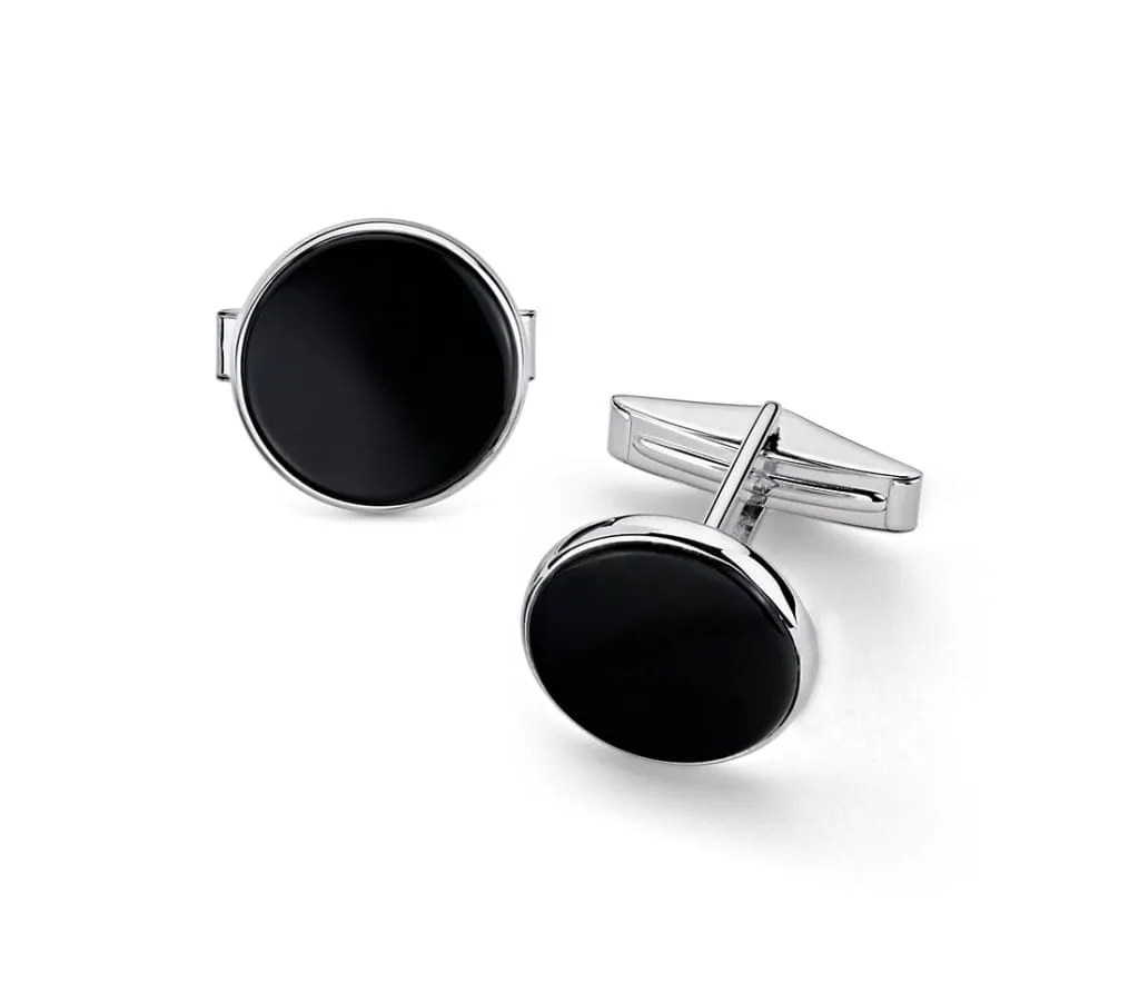 Large Round Onyx Cuff Link and Stud Set in Sterling Silver Blue Nile