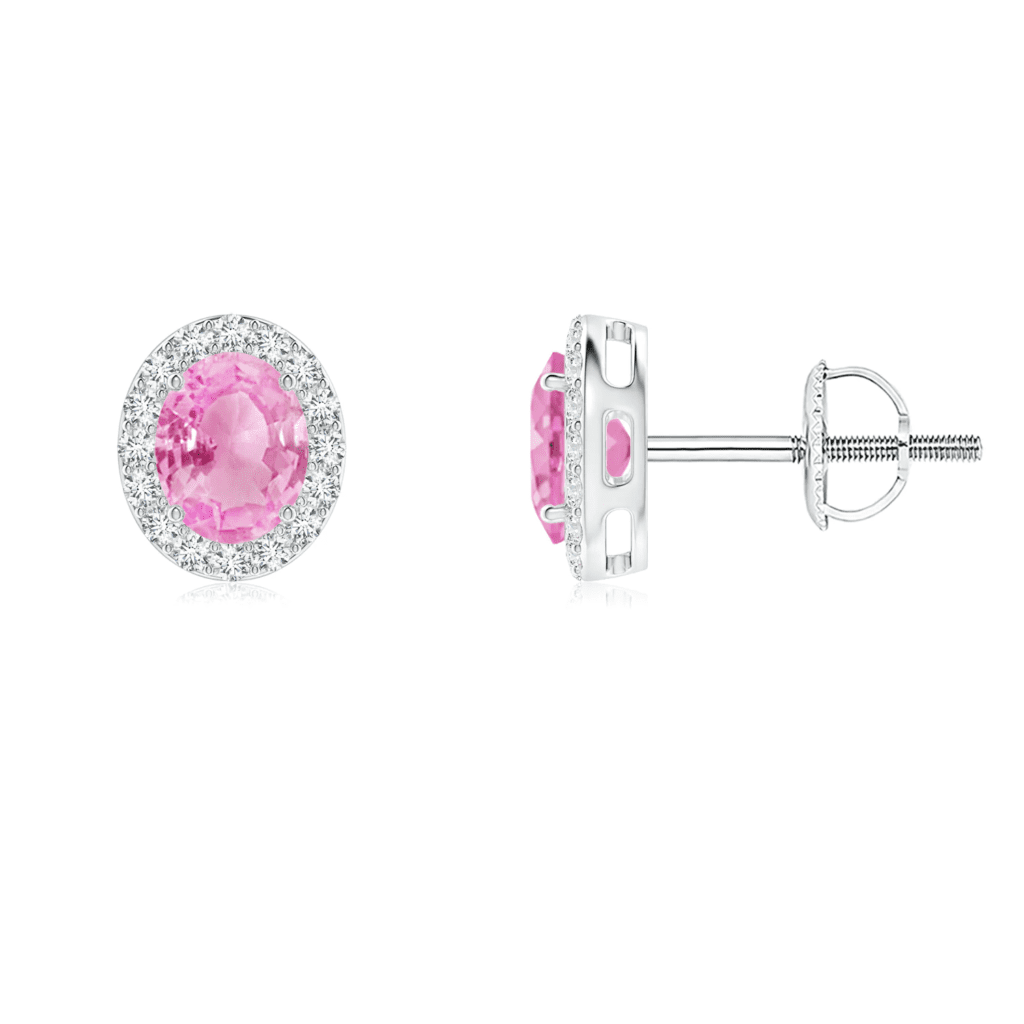 Oval Pink Sapphire Studs with Diamond Halo Angara
