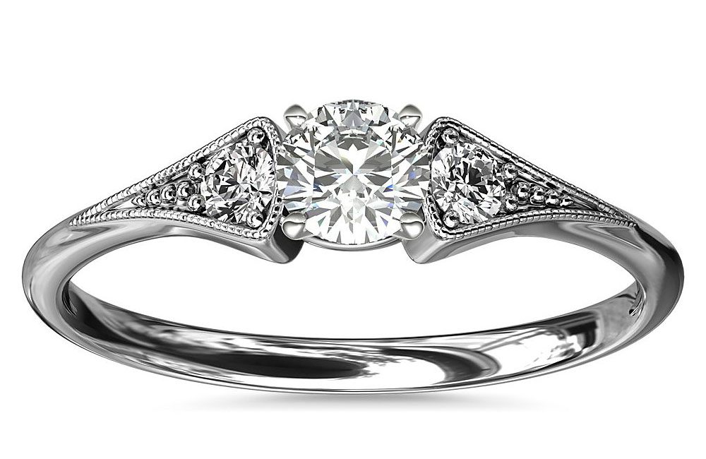 Heirloom Petite Milgrain Engagement Ring in 14k White Gold Blue NIle