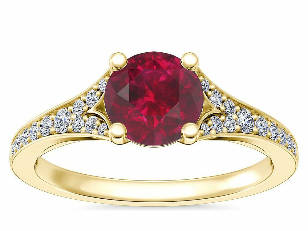 Petite Split Shank Pavé Cathedral Engagement Ring with Round Ruby in 14k Yellow Gold Blue Nile