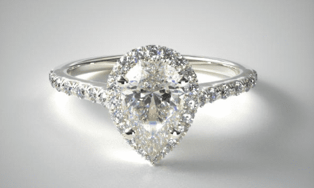 1.27 Carat K-SI1 Pear Shaped Diamond Pavé Halo and Shank Diamond Engagement Ring (Pear Center) James Allen - proposing at home