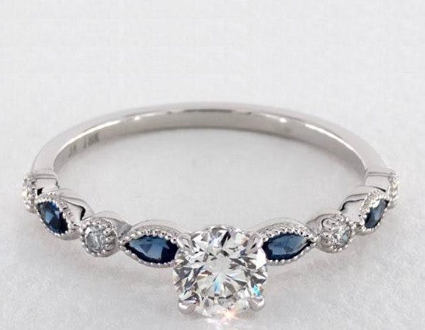 14K White Gold Vintage Round Diamond and Marquise Sapphire Engagement Ring James Allen