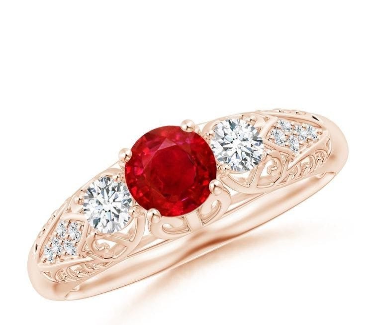 Aeon Vintage Style Ruby and Diamond Three Stone Engagement Ring Angara