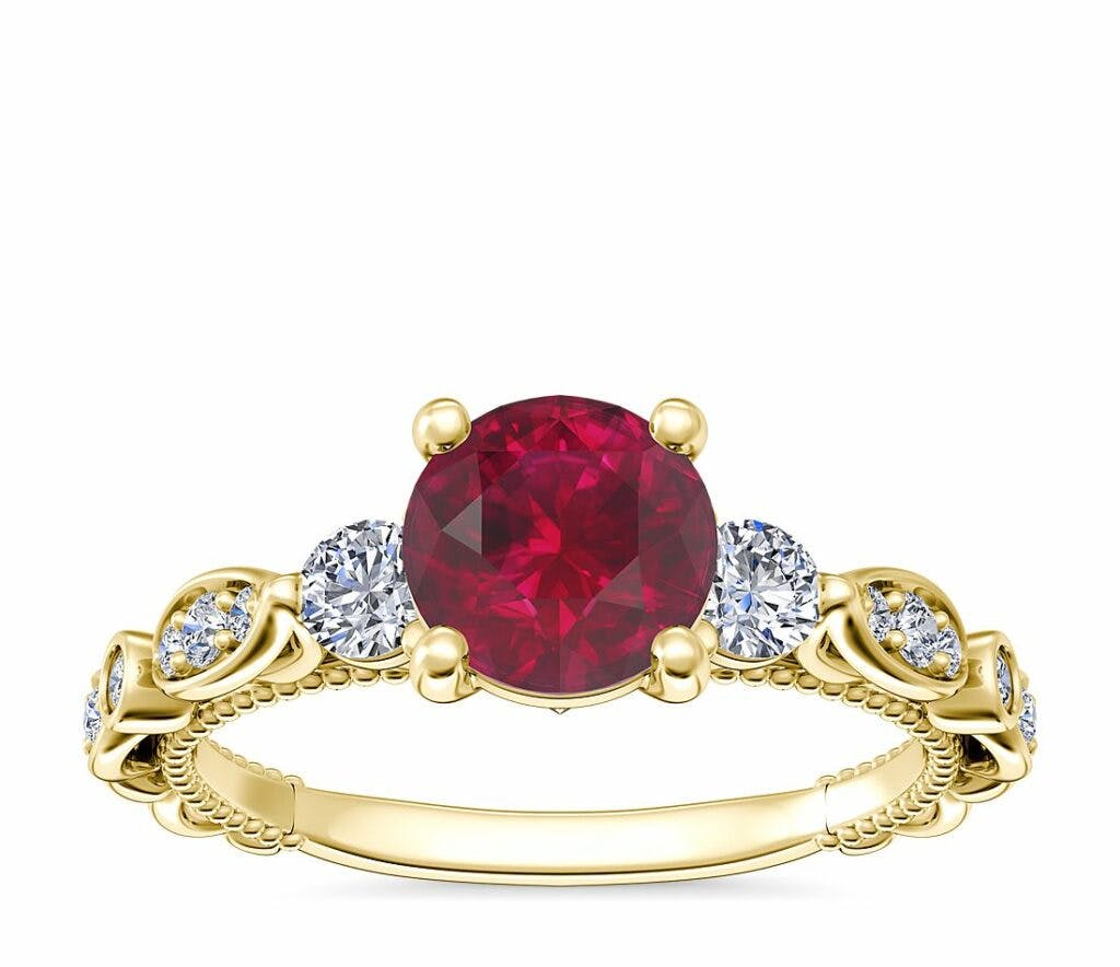 Floral Ellipse Diamond Cathedral Engagement Ring with Round Ruby in 14k Yellow Gold Blue Nile - outdoor proposal ideas