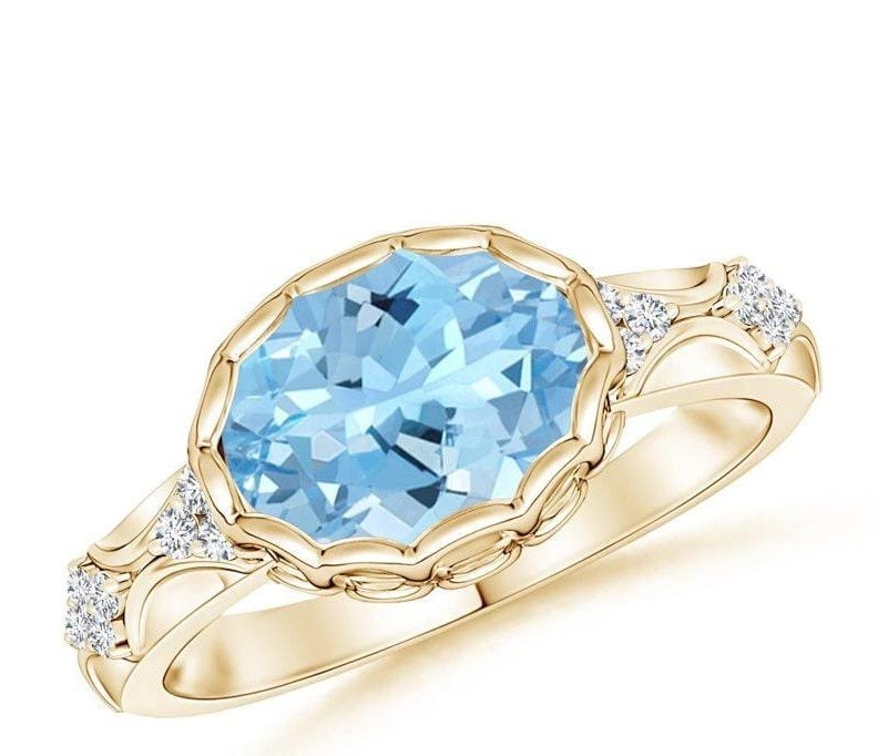 Oval Aquamarine Vintage Style Ring with Diamond Accents Angara