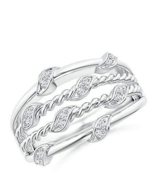 Pavé-Set Diamond Twisted Rope Ring with Leaf Motifs Angara - Diamond Jewelry Valentine's Day
