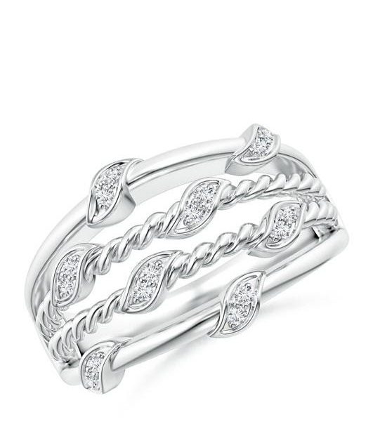 Pavé-Set Diamond Twisted Rope Ring with Leaf Motifs Angara - Diamond Jewelry Valentine's Day