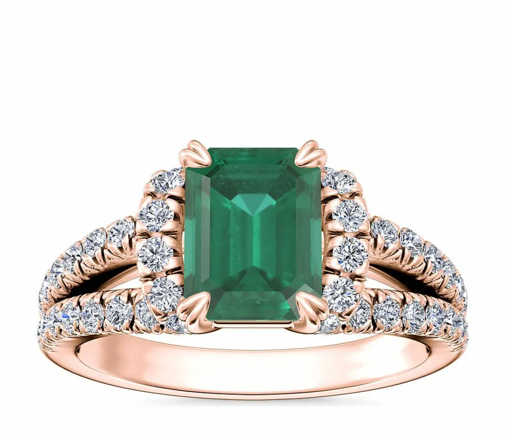 Split Semi Halo Diamond Engagement Ring with Emerald-Cut Emerald in 14k Rose Gold Blue Nile