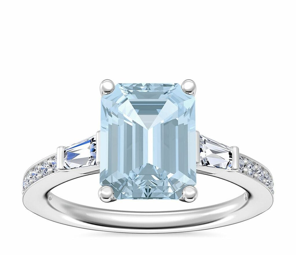 Tapered Baguette Diamond Cathedral Engagement Ring with Emerald-Cut Aquamarine in 14k White Gold Blue Nile